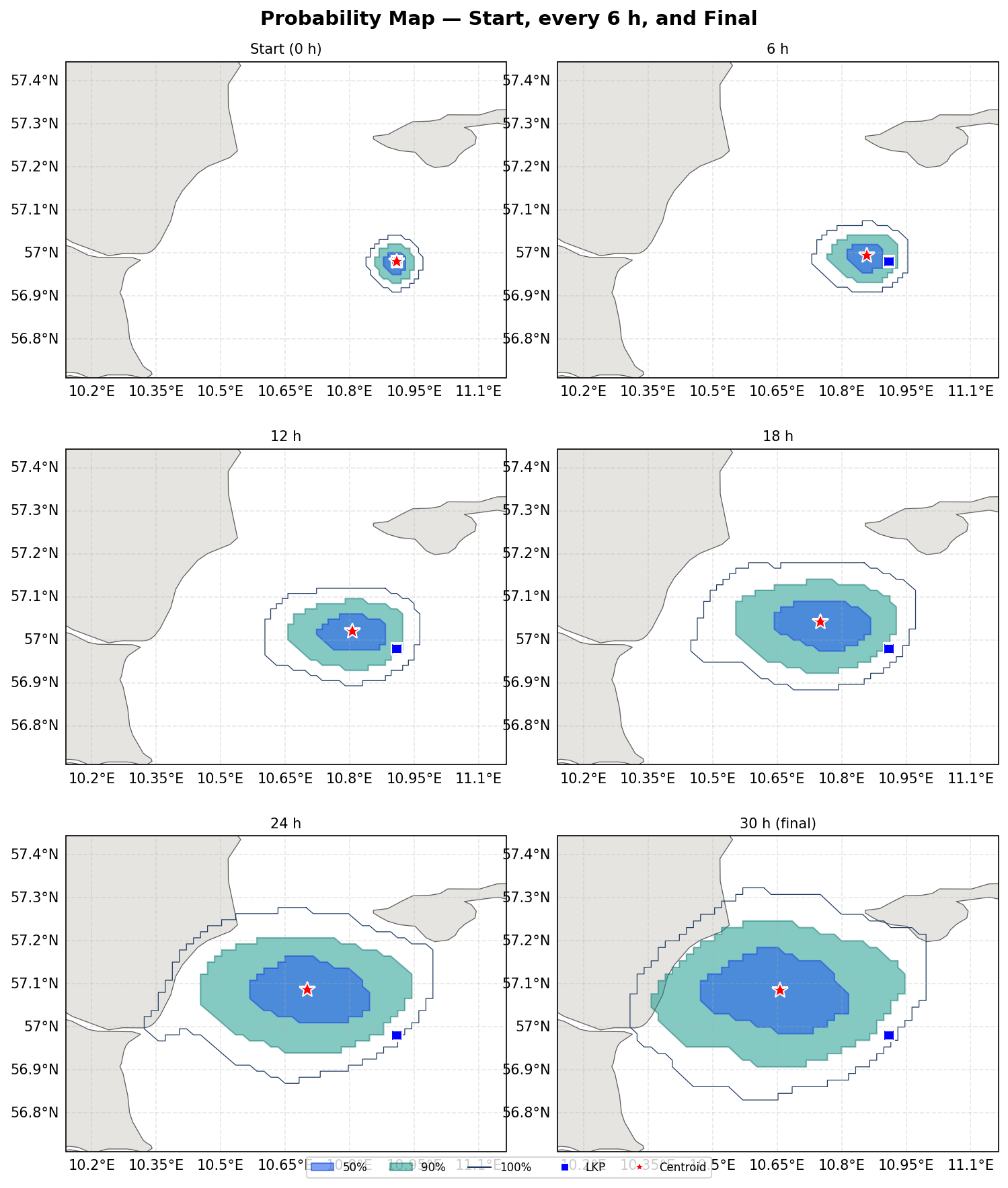Probability map: 50%, 90%, and 100% contours with centroid and last known position over time